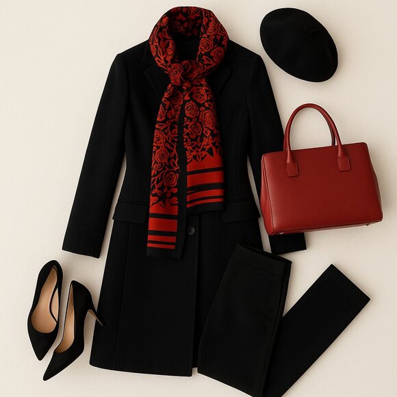 Red & Black Floral Print Scarf – Elegant Boutique Style - Picture 4 of 9